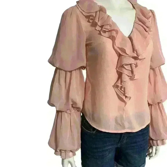 Nylon Premium Peach Layered Bubble Sleeve Blouse Size Small - Picture 3 of 11